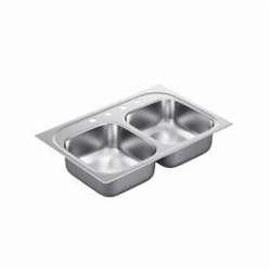 Moen® G202154 2000 Drop-In Kitchen Sink, Stainless, Rectangle Shape, 14 in Left, 14 in Right L x 16 in Left, 16 in Right W x 7 in Left, 7 in Right D Bowl, 4 Faucet Holes, 33 in L x 22 in W x 7 in H, Stainless Steel