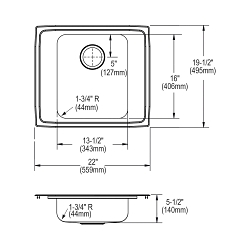 Elkay® DRKAD2220550 Classroom Sink, Rectangle Shape, 19-1/2 in W x 5-1/2 in H, Top Mount, 304 Stainless Steel, Lustertone, Domestic