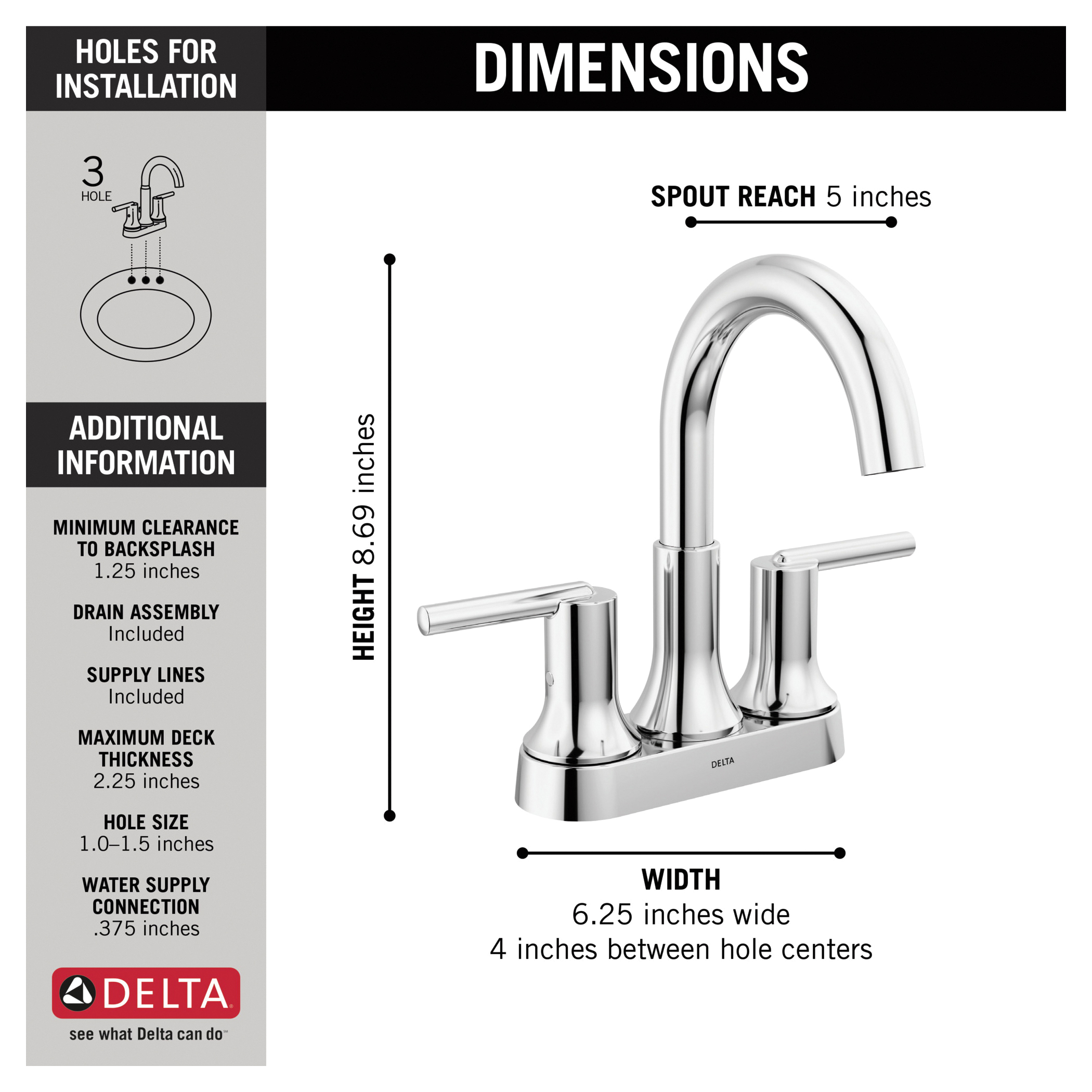 DELTA® 2559-MPU-DST Trinsic® Centerset Bathroom Faucet, Polished Chrome, 2 Handles, Metal Push Pop-Up Drain, 1.2 gpm Flow Rate