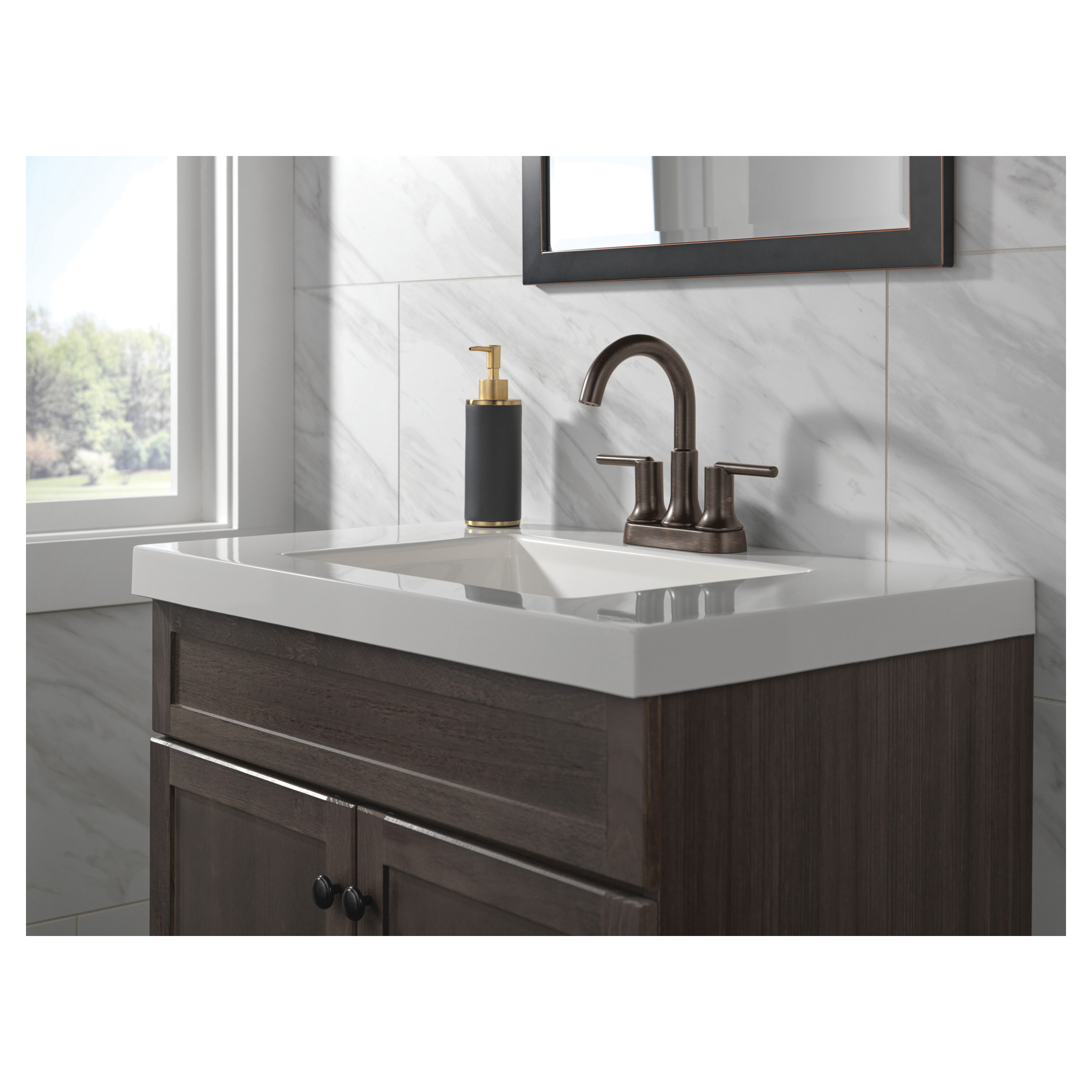 DELTA® 2559-RBMPU-DST Trinsic® Centerset Bathroom Faucet, Venetian Bronze, 2 Handles, Metal Push Pop-Up Drain, 1.2 gpm Flow Rate