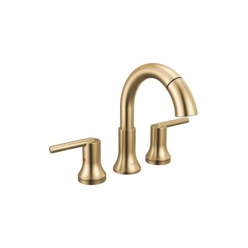 DELTA® 3559-CZPD-DST Trinsic® Widespread Bathroom Faucet, 1.2 gpm Flow Rate, 5-1/16 in H Spout, 4 to 16 in Center, Champagne Bronze, 2 Handles, Metal Push Pop-Up Drain, Domestic