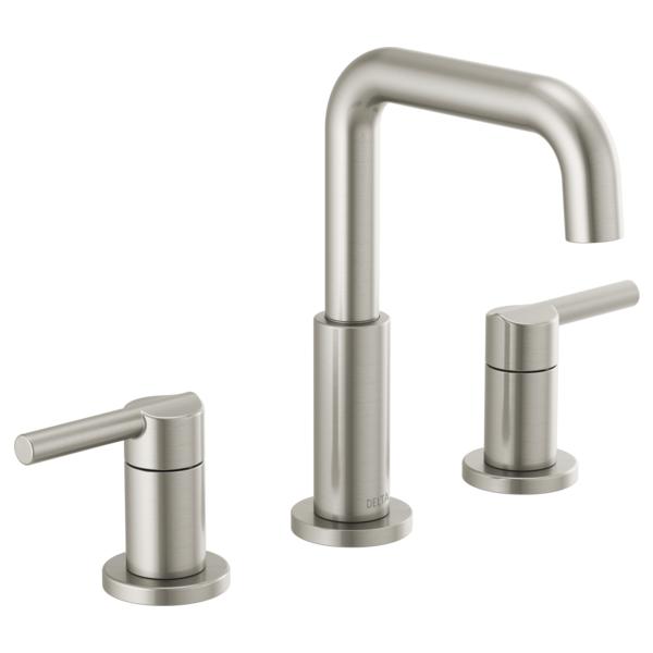 DELTA® 35849LF-SS Nicoli™ Widespread Bathroom Faucet, 1.2 gpm Flow Rate, 5-7/8 in H Spout, 6 to 16 in Center, Stainless, 2 Handles, Pop-Up Drain, Import