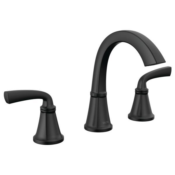 DELTA® 35864LF-BL Geist™ Widespread Bathroom Faucet, 1.2 gpm Flow Rate, 5 in H Spout, 6 to 16 in Center, Matte Black, 2 Handles, Metal Push Pop-Up Drain, Import