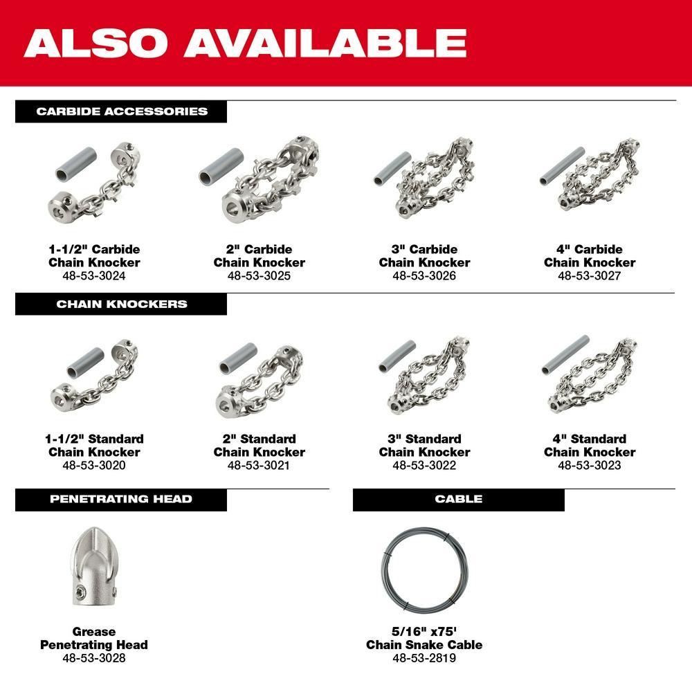 Milwaukee® 48-53-3022 Standard Chain Knocker, For Use With Competitive 5/16 in flexible shaft machines, the M18 FUEL High Speed Chain Snake for 1-1/2 in to 4 in Pipes, 3 in Pipe Capacity, Carbon Steel