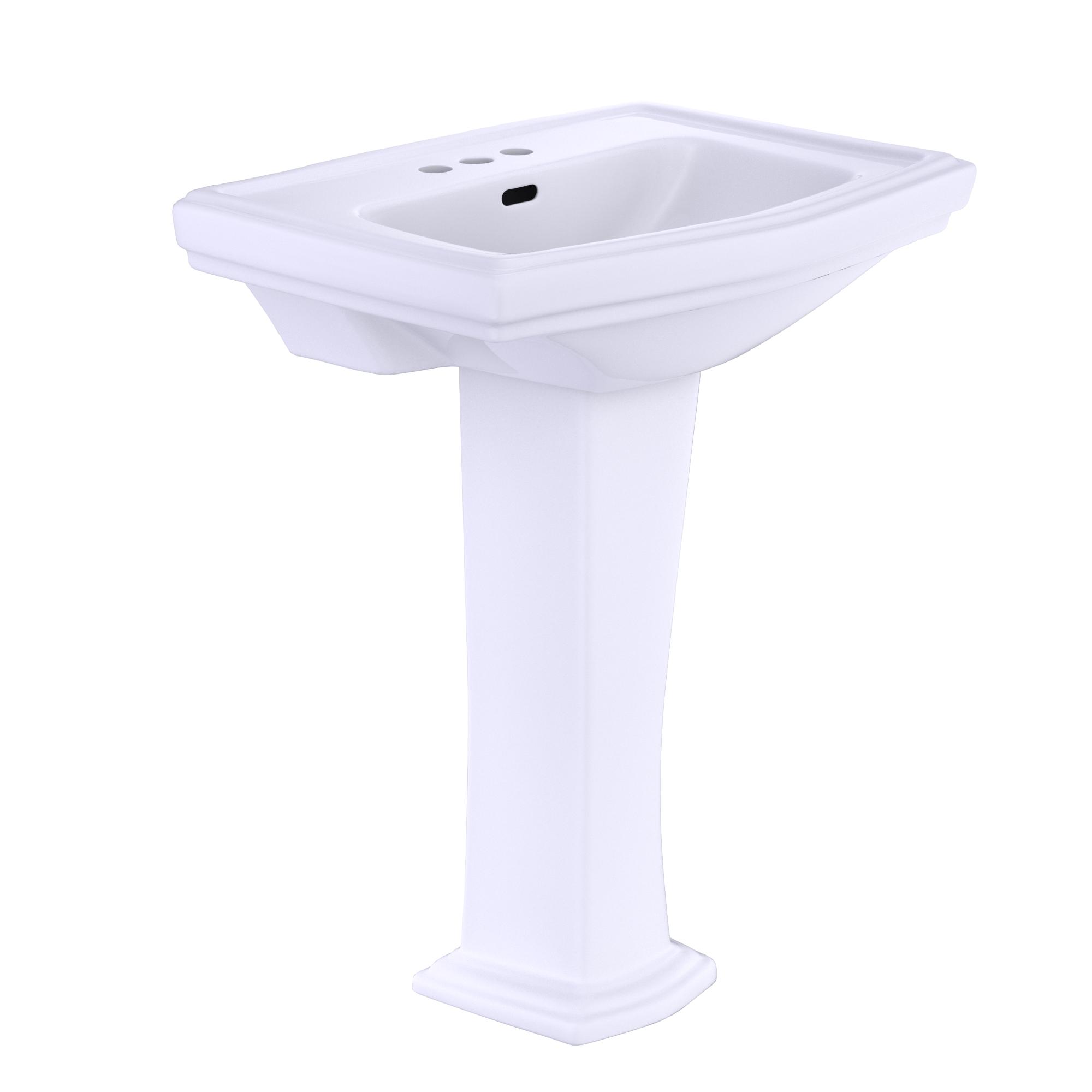 Toto® LPT780.4#01 Clayton™ Classic Transitional Lavatory With Rear Overflow, Clayton™, Rectangle Shape, 4 in Faucet Hole Spacing, 27 in W x 19-5/8 in D x 34-5/8 in H, Pedestal Mount, Vitreous China, Cotton White, Import