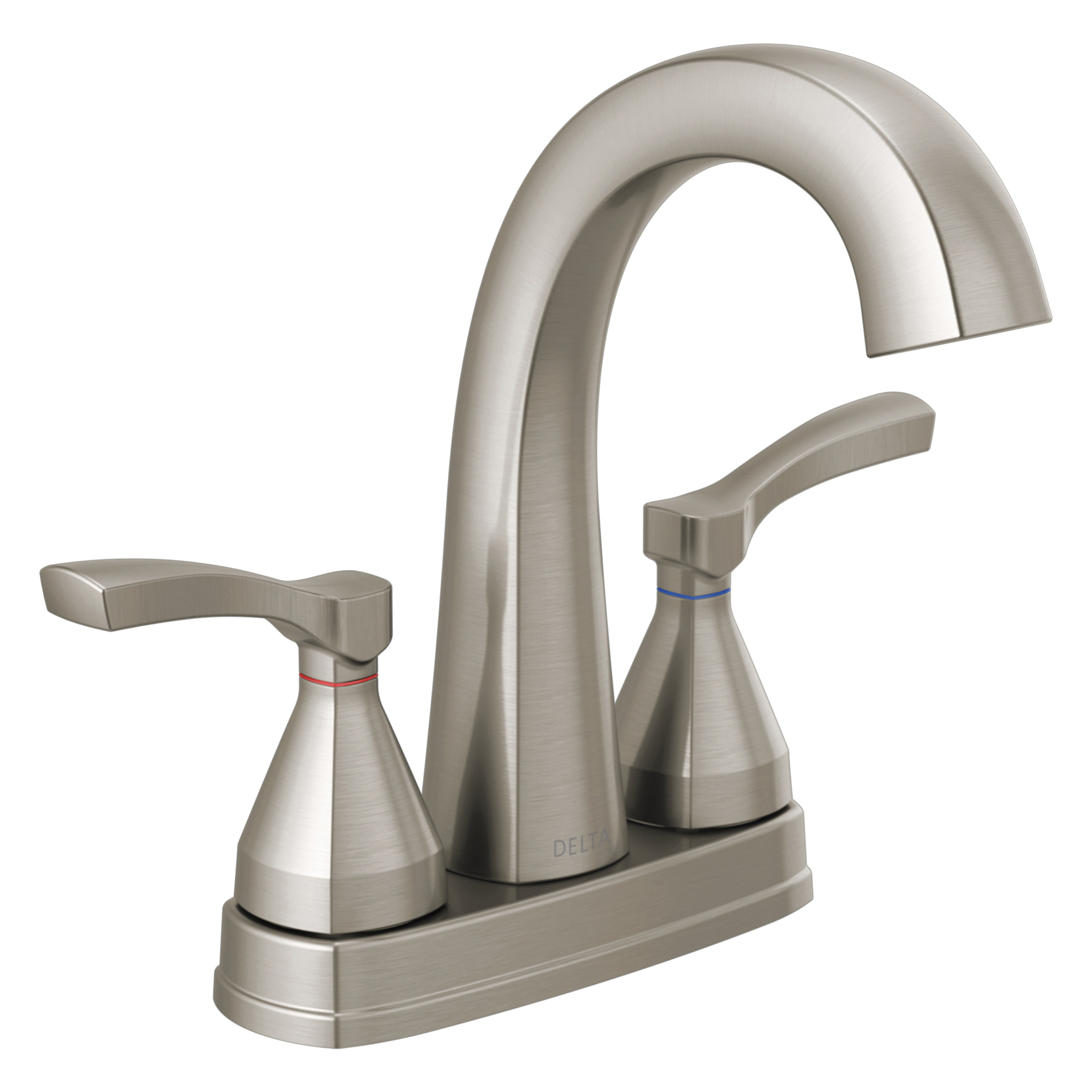 DELTA® 25775-SSMPU-DST Stryke™ Centerset Bathroom Faucet, Stainless Steel, 2 Handles, Metal Pop-Up Drain, 1.2 gpm at 60 psi Flow Rate