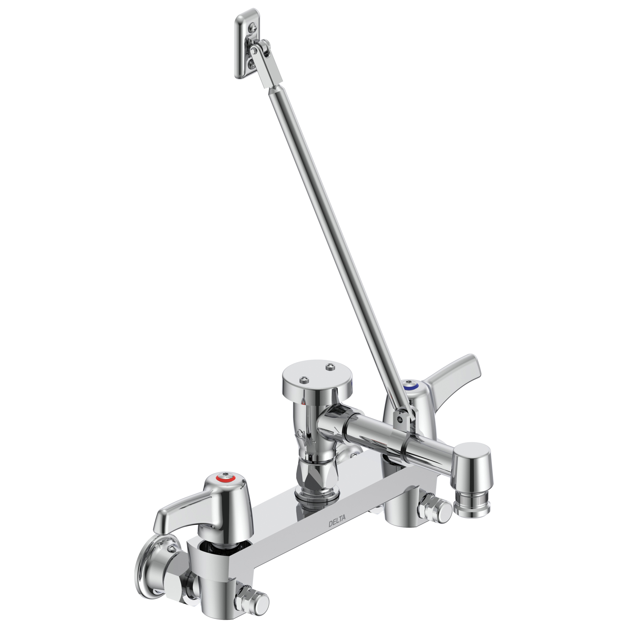 DELTA® 28C8183 28T Service Sink Faucet With Integral Check Stop, Wall Mount, 2 Handles, 8 in Center, 4 gpm Flow Rate, Rough Chrome