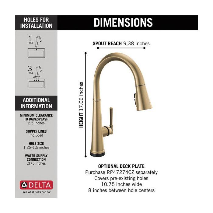 DELTA® 9182T-CZ-PR-DST Emmeline™ Pull-Down Kitchen Faucet, 1.8 gpm at 60 psi Flow Rate, Lumicoat Champagne Bronze, 1 Handle, 1/3 Faucet Holes, Import