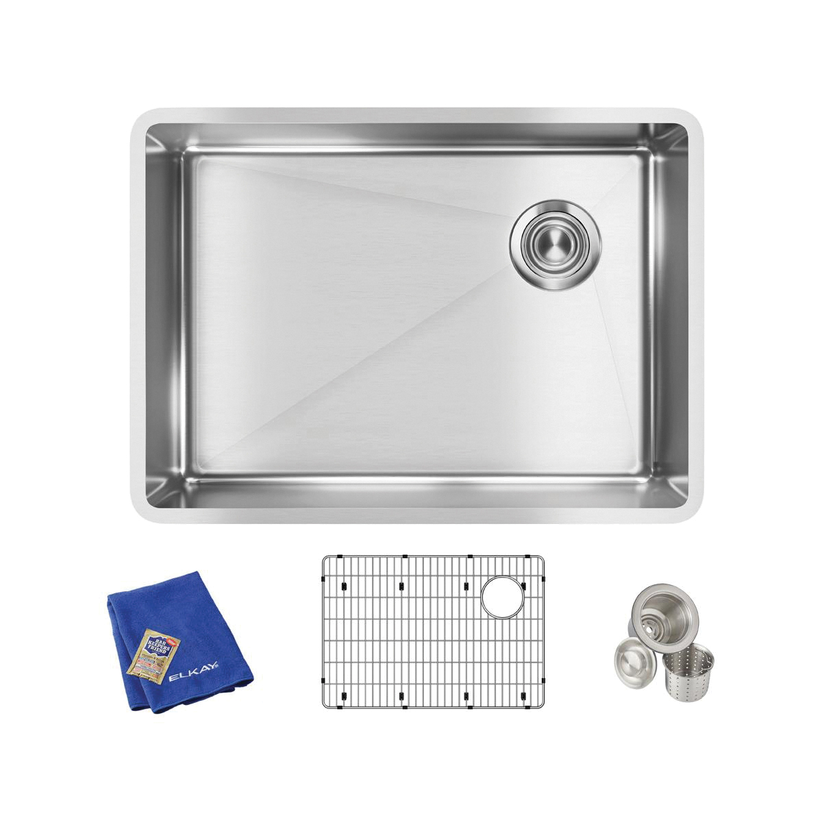 Elkay® ECTRU24179RTC Crosstown® Transitional Kitchen Sink Kit, Polished Satin, Rectangle Shape, 24 in L x 17 in W x 9 in D Bowl, 25-1/2 in L x 18-1/2 in W x 9 in H, Under Mount, 18 ga 304 Stainless Steel