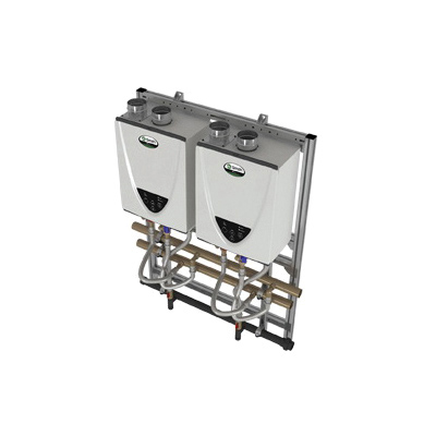 AO Smith® 100282568 2-Unit Tankless Rack System Water Heater, Natural Gas Fuel, 398000 Btu/hr, Outdoor, Condensing, 7.6 gpm at 100 deg F Rise, 3 or 4 in, Commercial